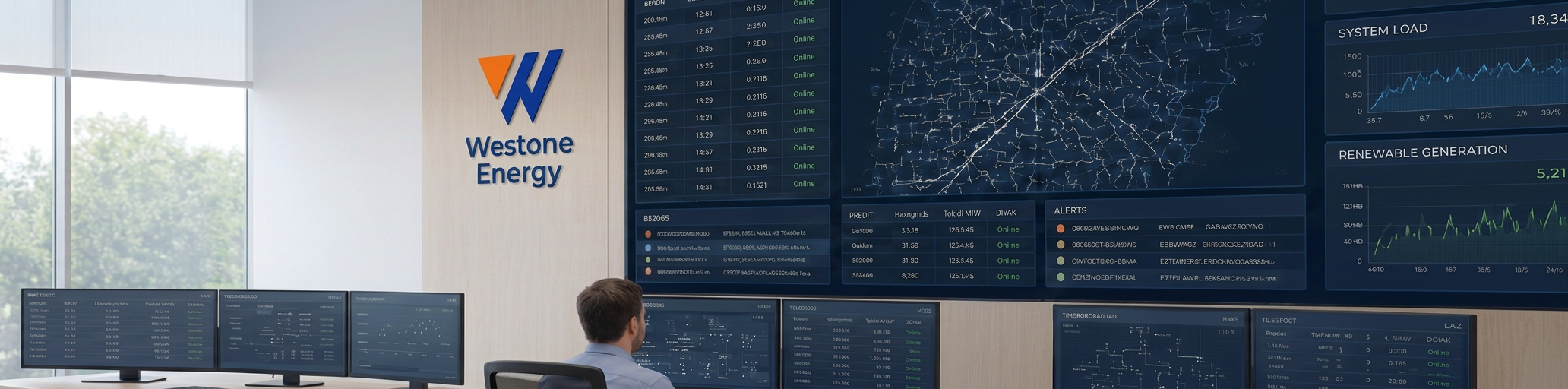 Westone Energy operations centre with live generation, storage and grid data